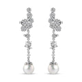 White Freshwater Pearl and Moissanite Statement Floral Ear Climber Drop Earrings in Rhodium Over Sterling Silver 1.20 ctw - Sticky add to cart bar
