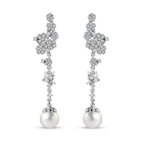White Freshwater Pearl and Moissanite Statement Floral Ear Climber Drop Earrings in Rhodium Over Sterling Silver 1.20 ctw