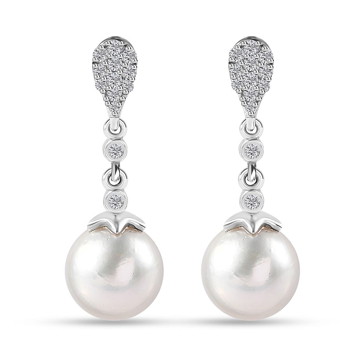 White Freshwater Pearl and Moissanite Statement Drop Earrings in Rhodium Over Sterling Silver 0.50 ctw