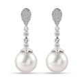 White Freshwater Pearl and Moissanite Statement Drop Earrings in Rhodium Over Sterling Silver 0.50 ctw - Sticky add to cart bar