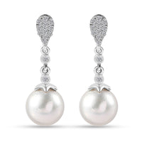 White Freshwater Pearl and Moissanite Statement Drop Earrings in Rhodium Over Sterling Silver 0.50 ctw