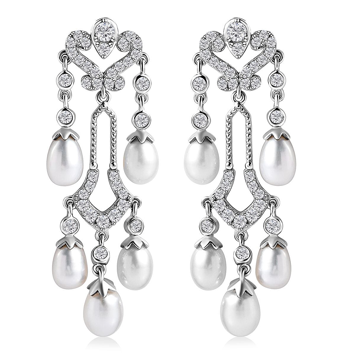 White Freshwater Pearl, Moissanite Earrings in Rhodium Over Sterling Silver 2.00 ctw