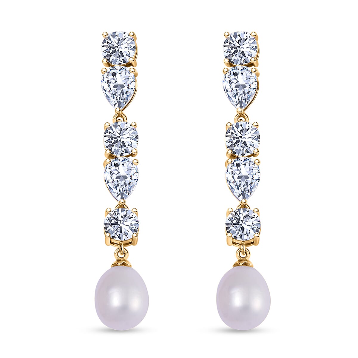 White Freshwater Cultured Pearl, Simulated Diamond Earrings in Yellow Rhodium Over Sterling Silver 3.10 ctw