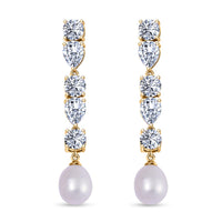 White Freshwater Cultured Pearl, Simulated Diamond Earrings in Yellow Rhodium Over Sterling Silver 3.10 ctw