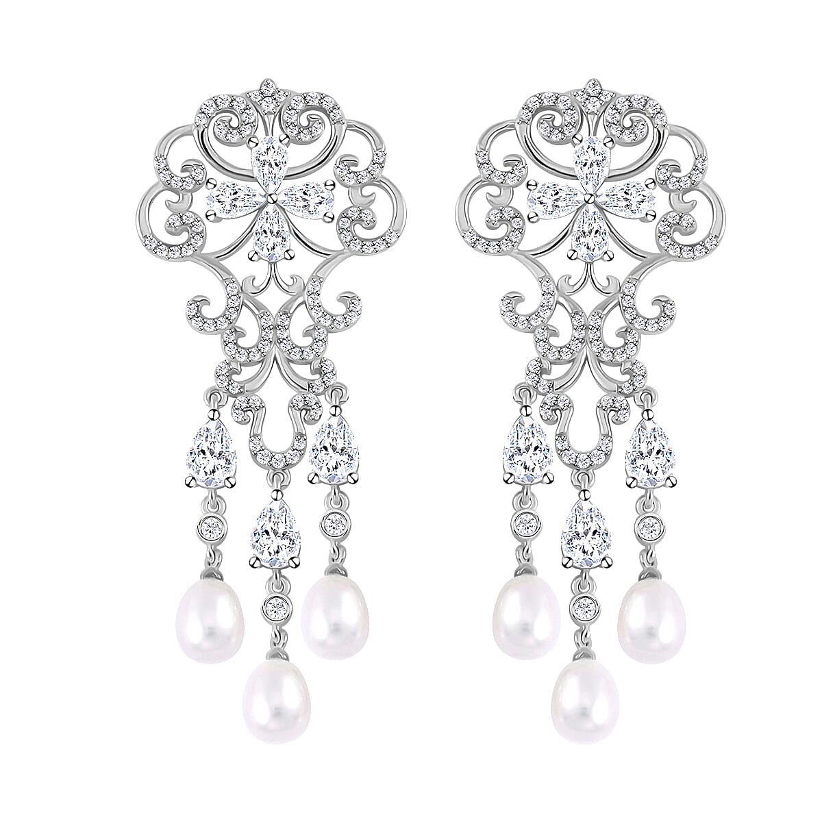 White Freshwater Cultured Pearl, Simulated Diamond Earrings in Rhodium Over Sterling Silver 1.00 ctw