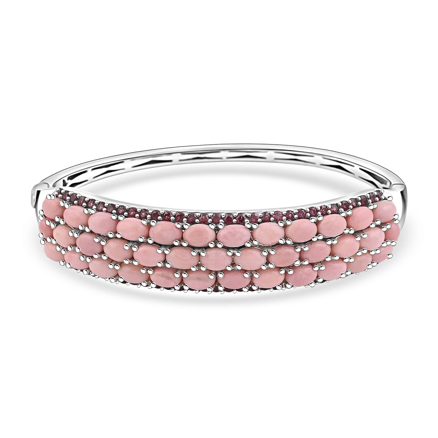 Peach Opal and Orissa Rhodolite Garnet 16.00 ctw Cuff Bangle in Platinum Over Sterling Silver 7.25 Inches