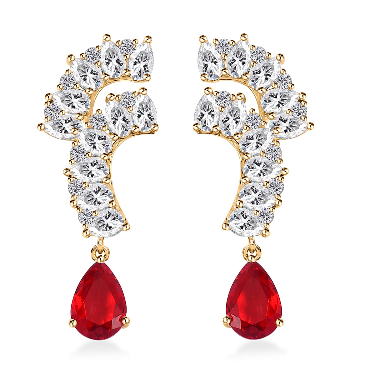 Lustro Stella Finest Red and White CZ Drop Earrings in 14K YG Over Sterling Silver 1.65 ctw