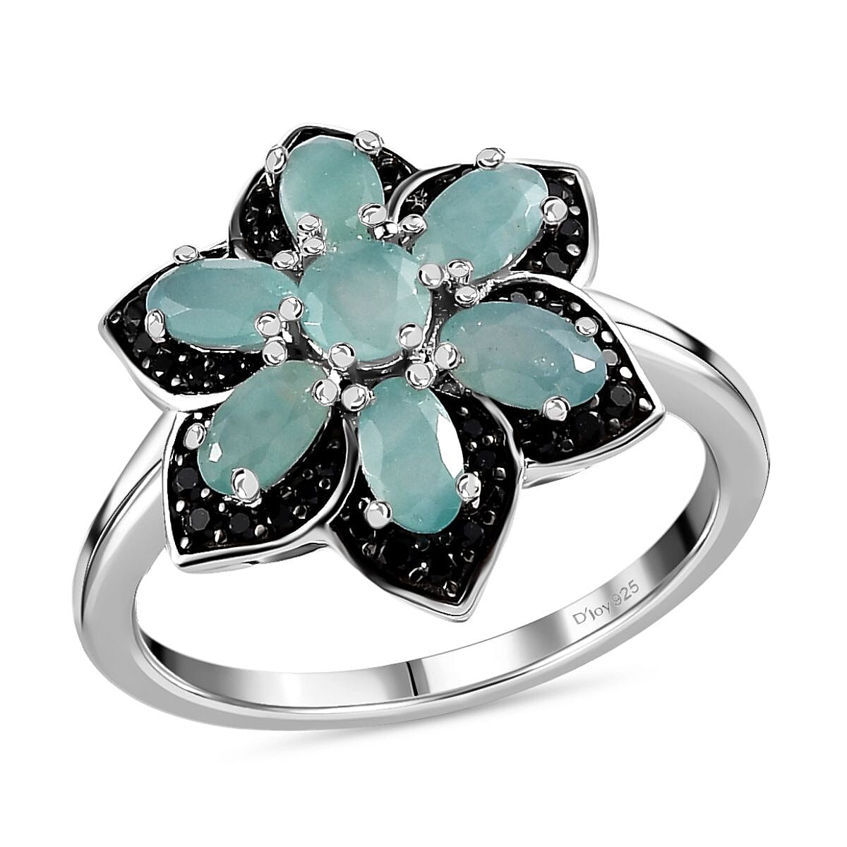 Grandidierite and Thai Black Spinel Floral Ring in Platinum Over Sterling Silver (Size 10.0) 2.15 ctw