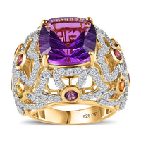 GP Italian Garden Collection AAA African Amethyst and Multi Gemstone Ring in Vermeil Yellow Gold Over Sterling Silver 9.80 ctw