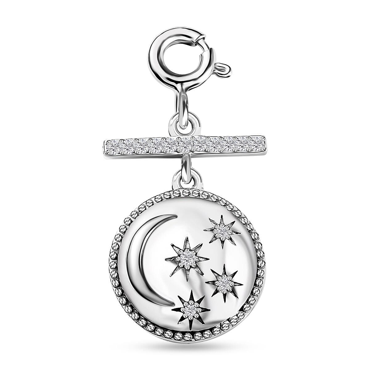 Moissanite Celestial Moon and Stars Coin Engraved Charm in Platinum Over Sterling Silver 0.15 ctw