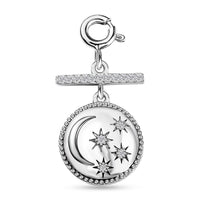 Moissanite Celestial Moon and Stars Coin Engraved Charm in Platinum Over Sterling Silver 0.15 ctw