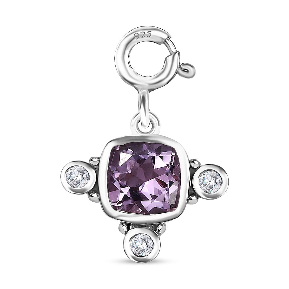 Rose De France Amethyst, Moissanite Medallion Charm in Platinum Over Sterling Silver 1.50 ctw