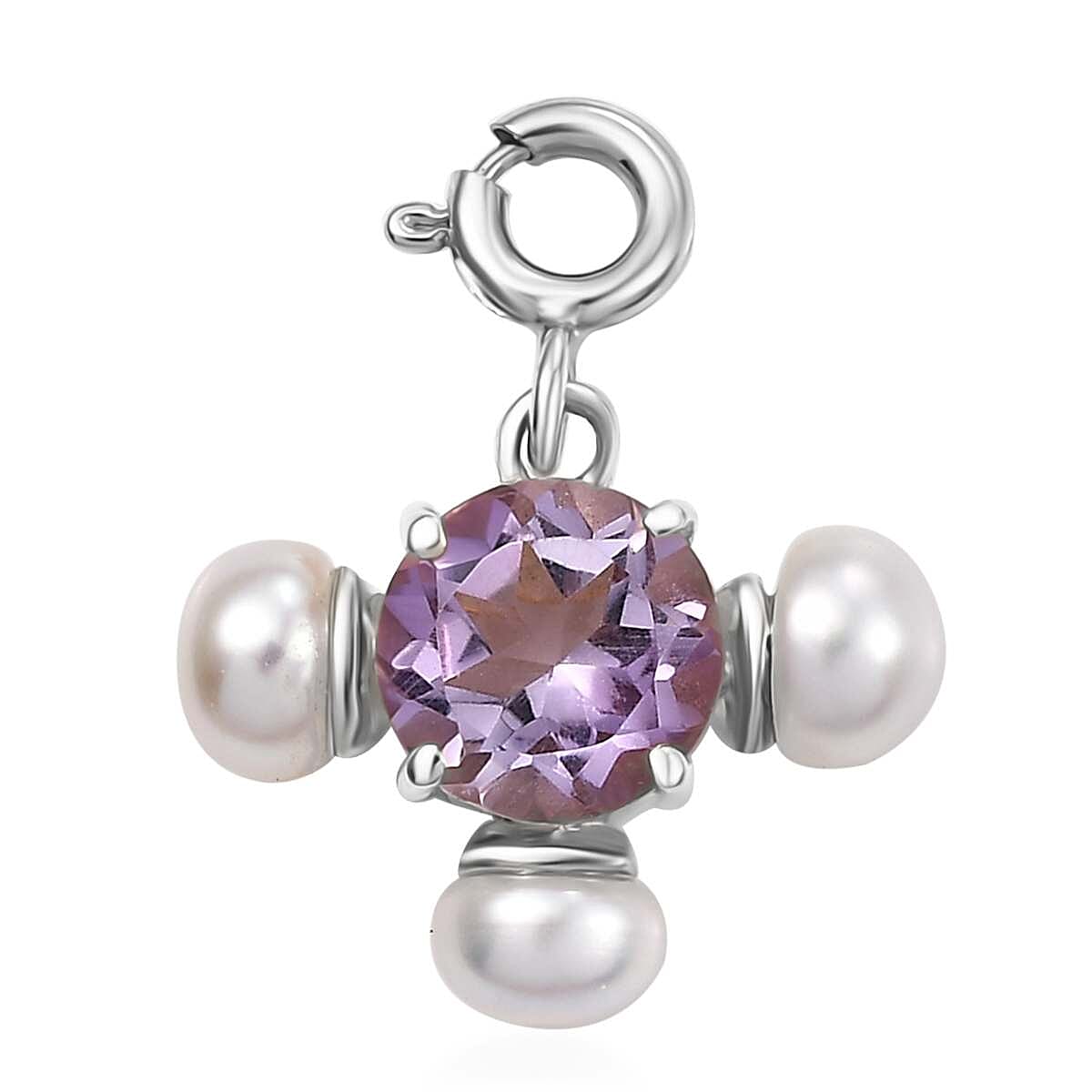 Rose De France Amethyst, Freshwater Pearl Charm in Platinum Over Sterling Silver 1.20 ctw