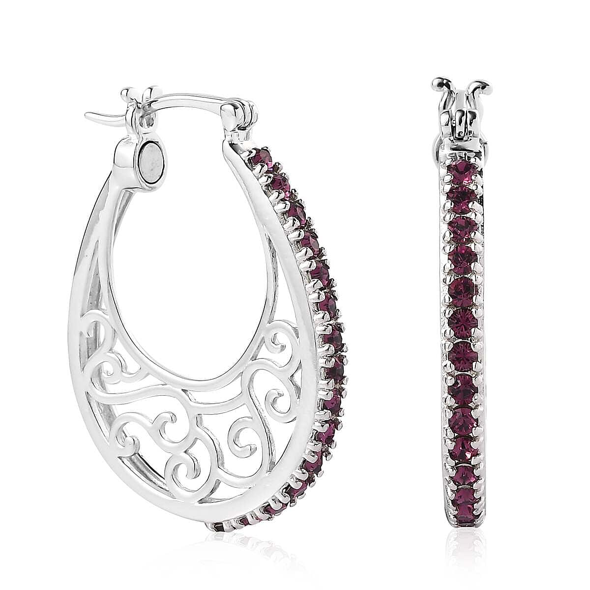 Foilback Amethyst Color Crystal Hoop Earrings in Platinum Over Copper