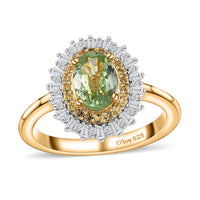 Premium Tsavorite Garnet, Yellow Sapphire, Diamond (0.18 cts) Sunburst Ring in Vermeil YG Over Sterling Silver (Size 10.0) 1.20 ctw