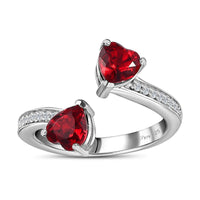 Siam Color Crystal and Simulated Diamond Heart Bypass Ring in Platinum Over Sterling Silver (Size 10.0)