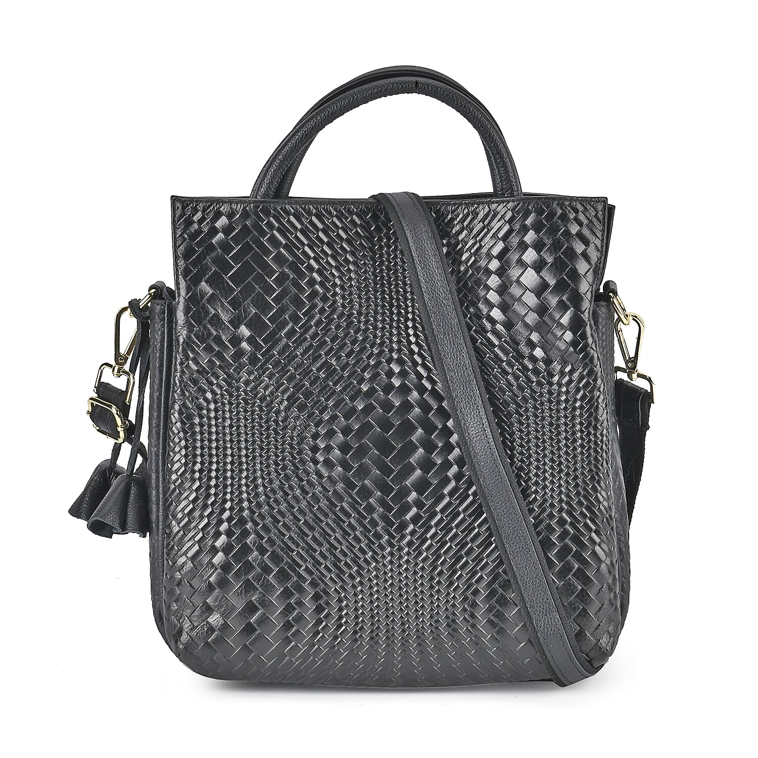 Black Color Embosed Weave Genuine Leather Crossbody Bag (11.8"x5"x12.6") with Handle Drop and Shoulder Strap