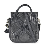 Black Color Embosed Weave Genuine Leather Crossbody Bag (11.8"x5"x12.6") with Handle Drop and Shoulder Strap
