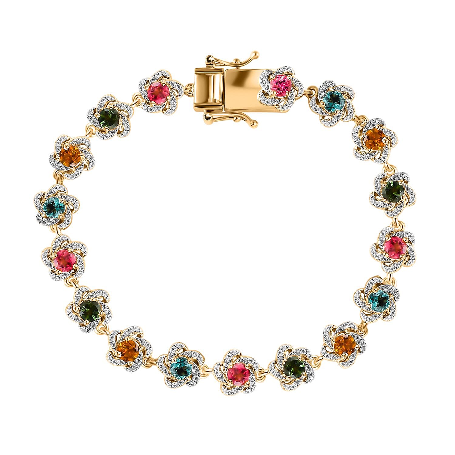 GP Celestial Dream Collection Premium Multi-Tourmaline and White Zircon 7.15 ctw Bracelet in Vermeil Yellow Gold Over Sterling Silver (7.25 In)