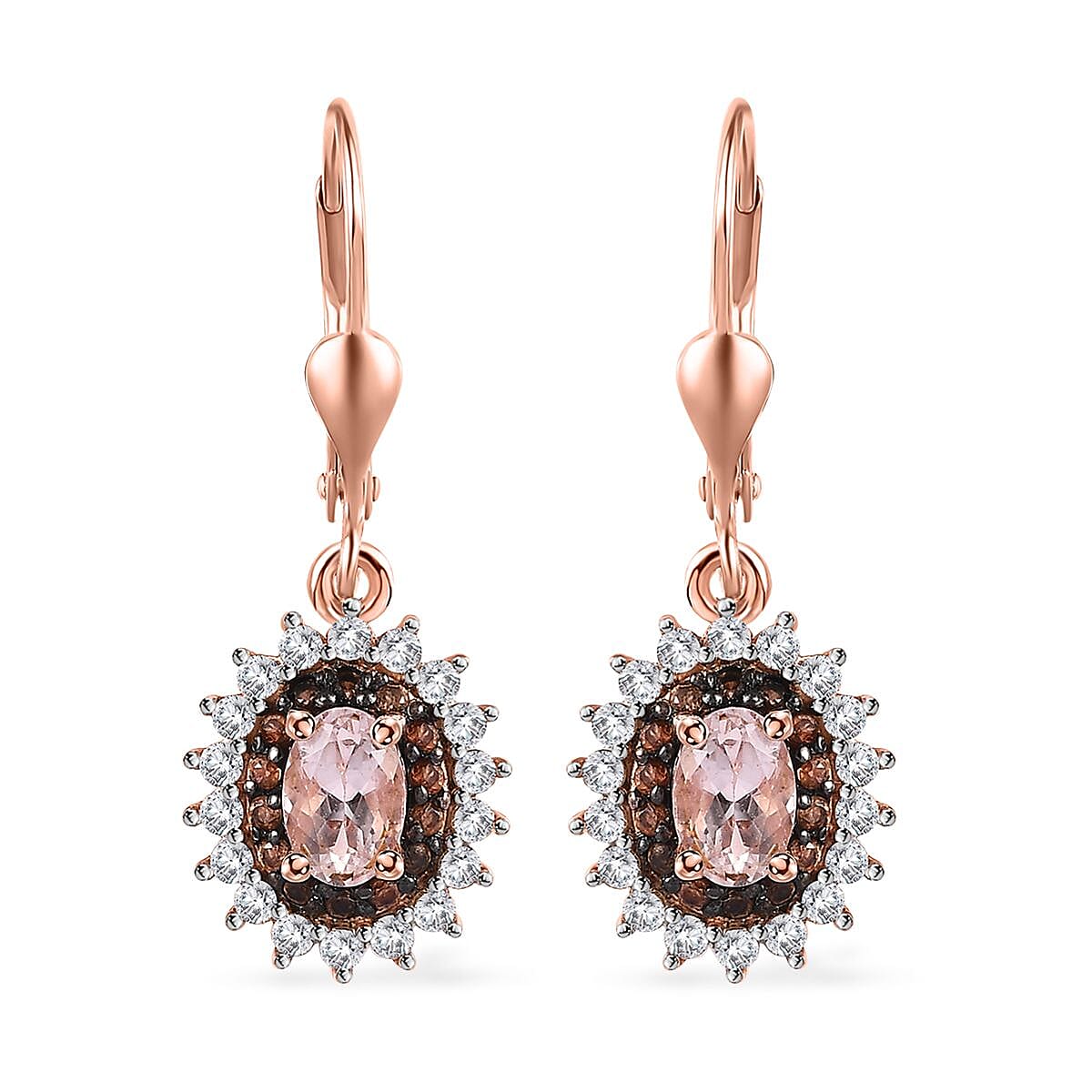 D'Joy Premium Pink Morganite, Brown and White Zircon Lever Back Earrings in Vermeil Rose Gold Over Sterling Silver 2.10 ctw