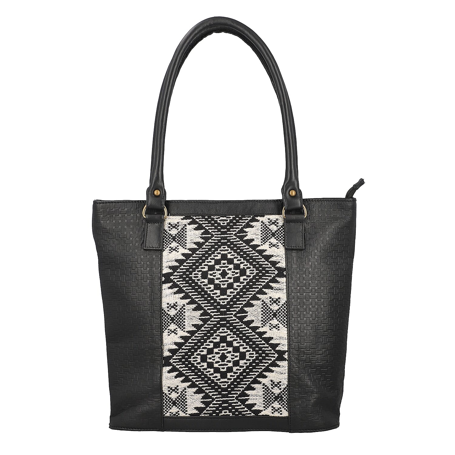 Black Genuine Leather and Colorful Fabric Shoulder Bag (11.4"x4.72"x11.8")