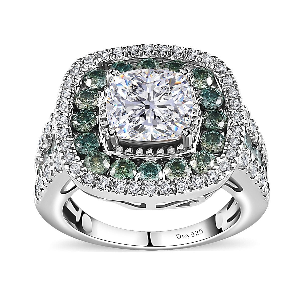 Moissanite (Cush 8x8mm), Blue Moissanite Ring in Platinum Over Sterling Silver (Size 10.0) 4.50 ctw