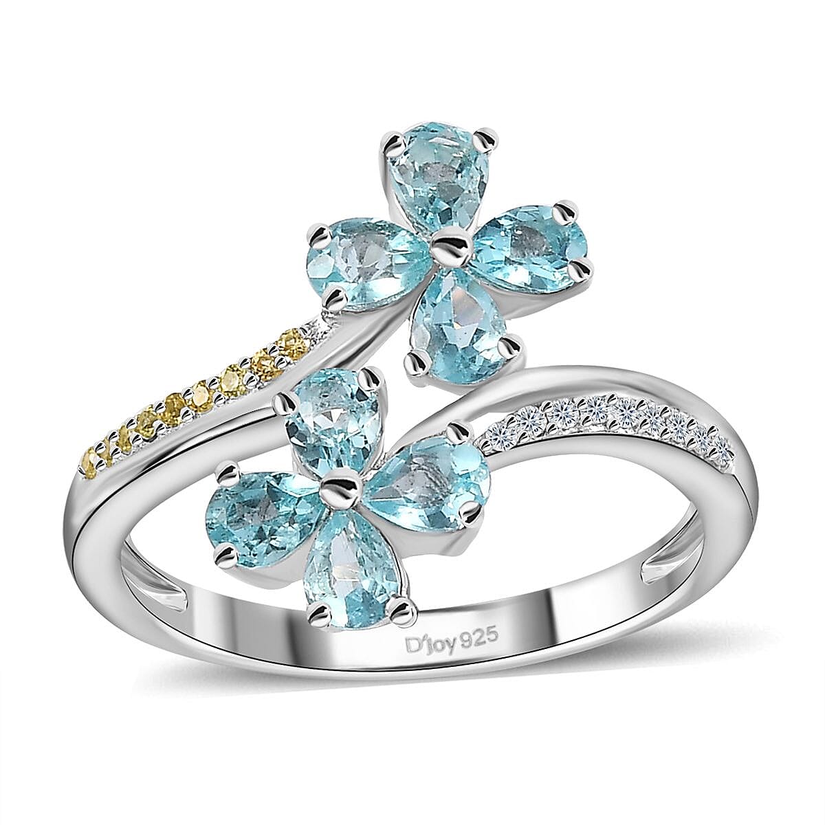 Betroka Blue Apatite, Multi Gemstone Flower Bypass Ring in Platinum Over Sterling Silver (Size 10.0) 1.50 ctw