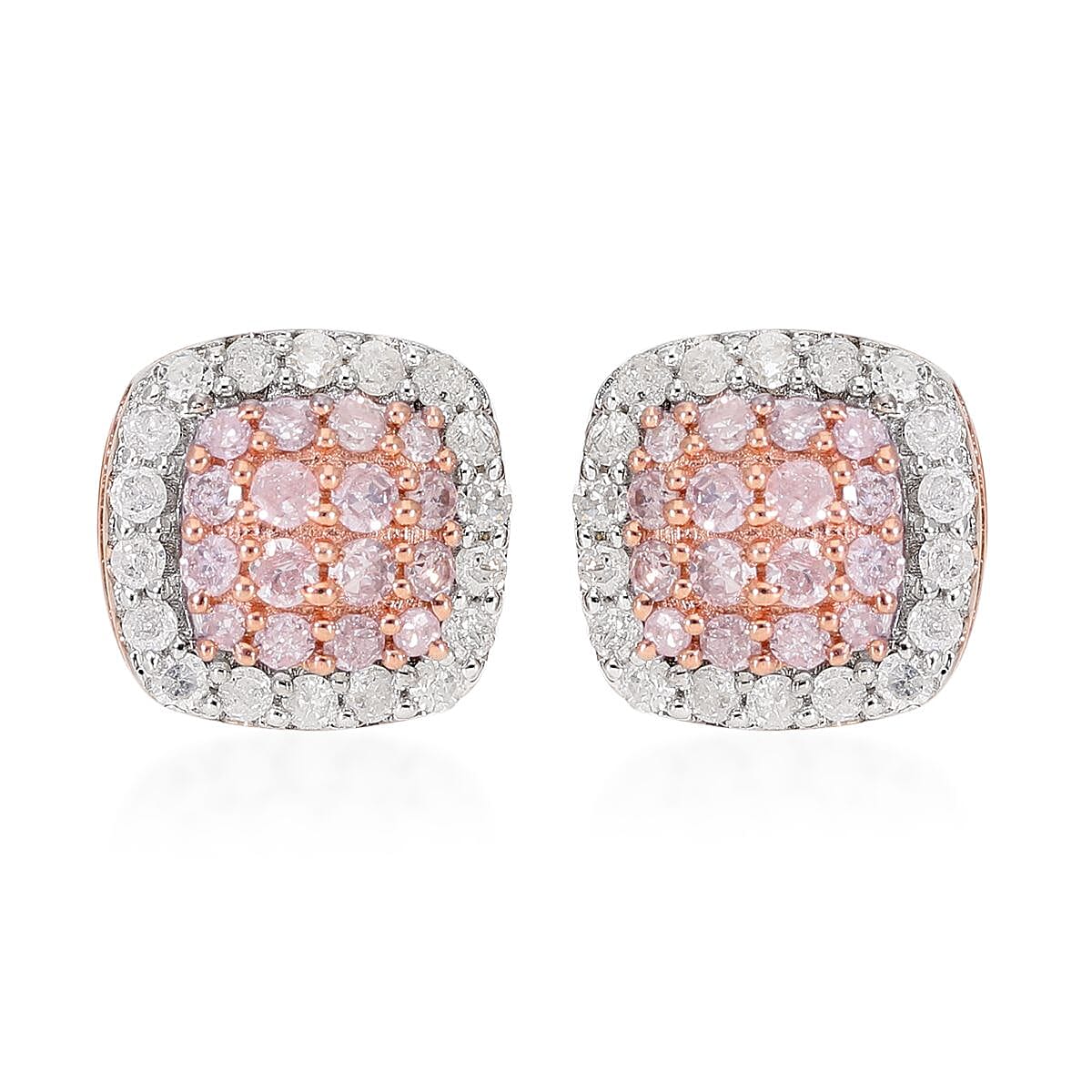 Natural Pink and White Diamond I3 Stud Earrings in Vermeil Rose Gold Over Sterling Silver 0.50 ctw