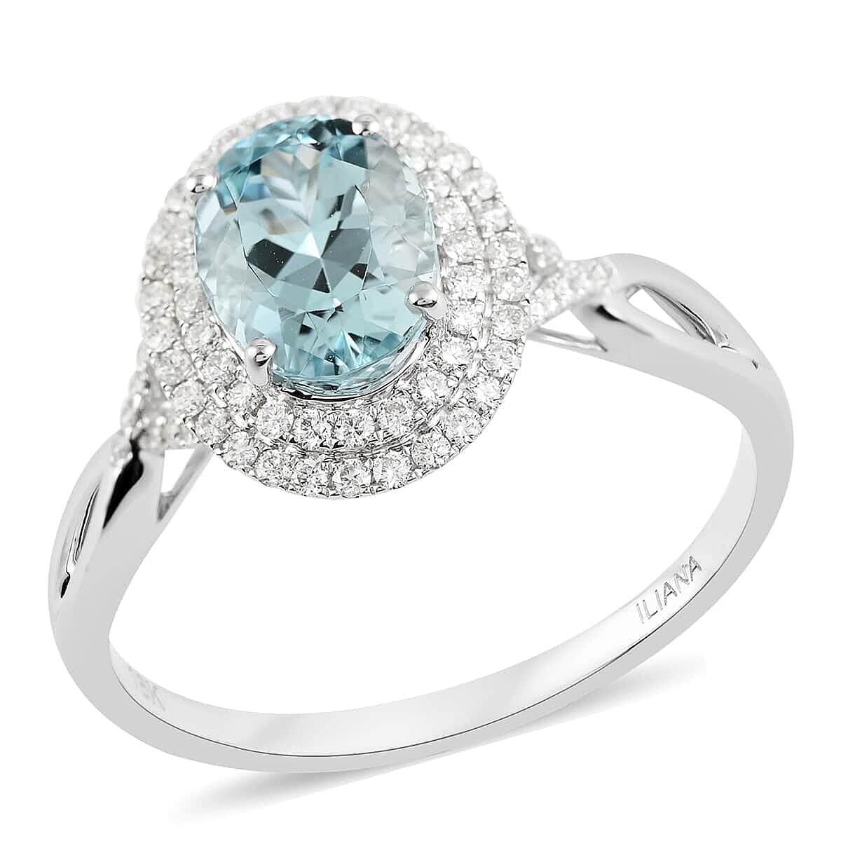 Certified & Appraised ILIANA 18K White Gold AAA Santa Maria Aquamarine and G-H SI Diamond Double Halo Ring 3.80 Grams 2.20 ctw