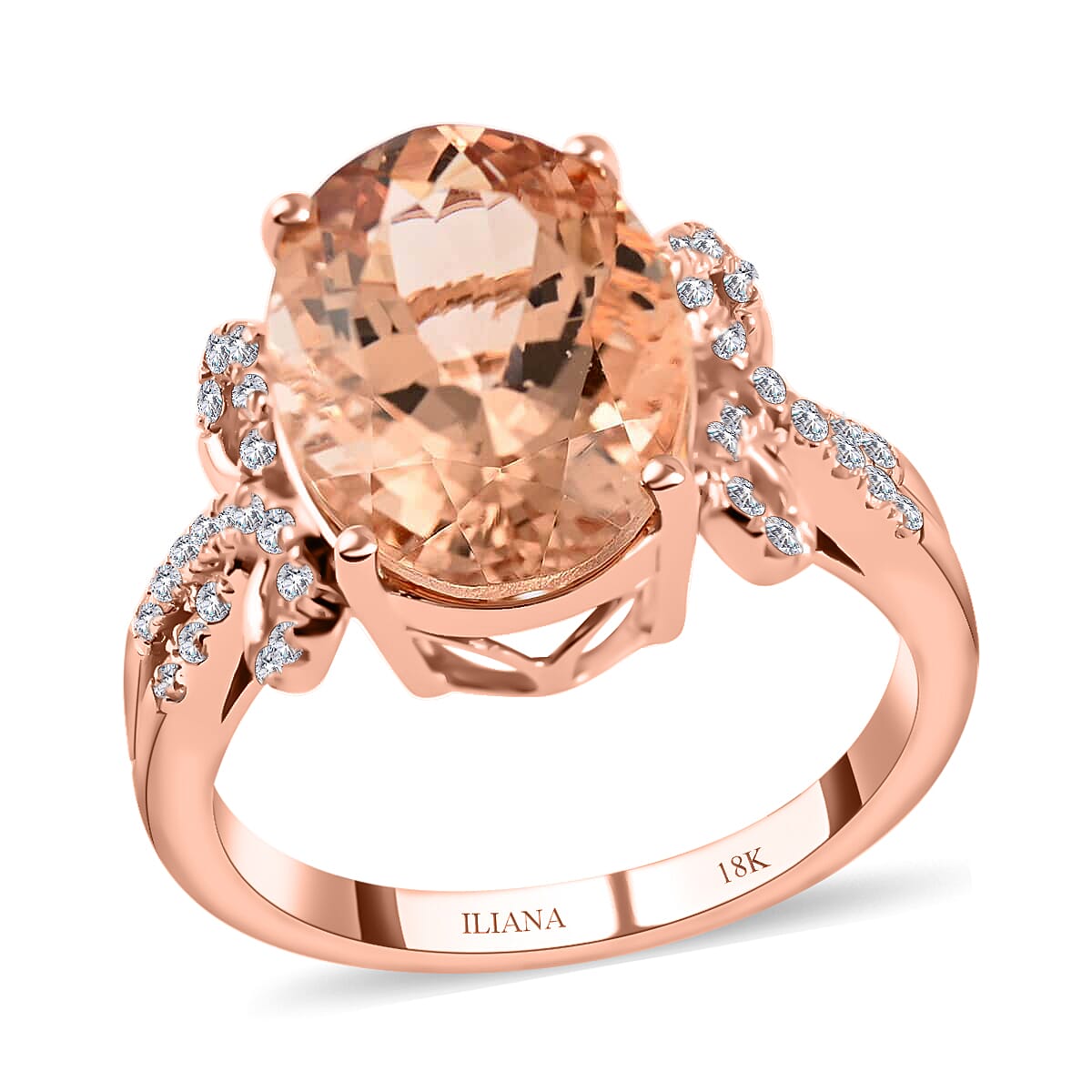 Certified & Appraised ILIANA 18K Rose Gold AAA Marropino Morganite and G-H SI Diamond Ring 5.35 Grams 6.20 ctw