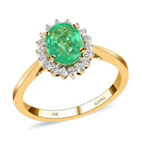 ILIANA 18K Yellow Gold AAA Ethiopian Emerald and G-H SI Diamond Halo Ring (Size 6.0) 3 Grams 1.45 ctw