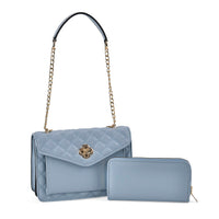 Blue Embossed Heart Shape Faux Leather Crossbody Bag (9"x3.7"x5.9") with Wallet (7.5"x3.9")