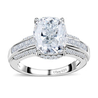TLV Moissanite (Cush 10x8mm) Ring in Platinum Over Sterling Silver (Size 7.0) 4.15 ctw