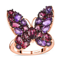 Premium Orissa Rhodolite Garnet, Amethyst Butterfly Ring in Vermeil RG Over Sterling Silver (Size 7.0) 4.35 ctw