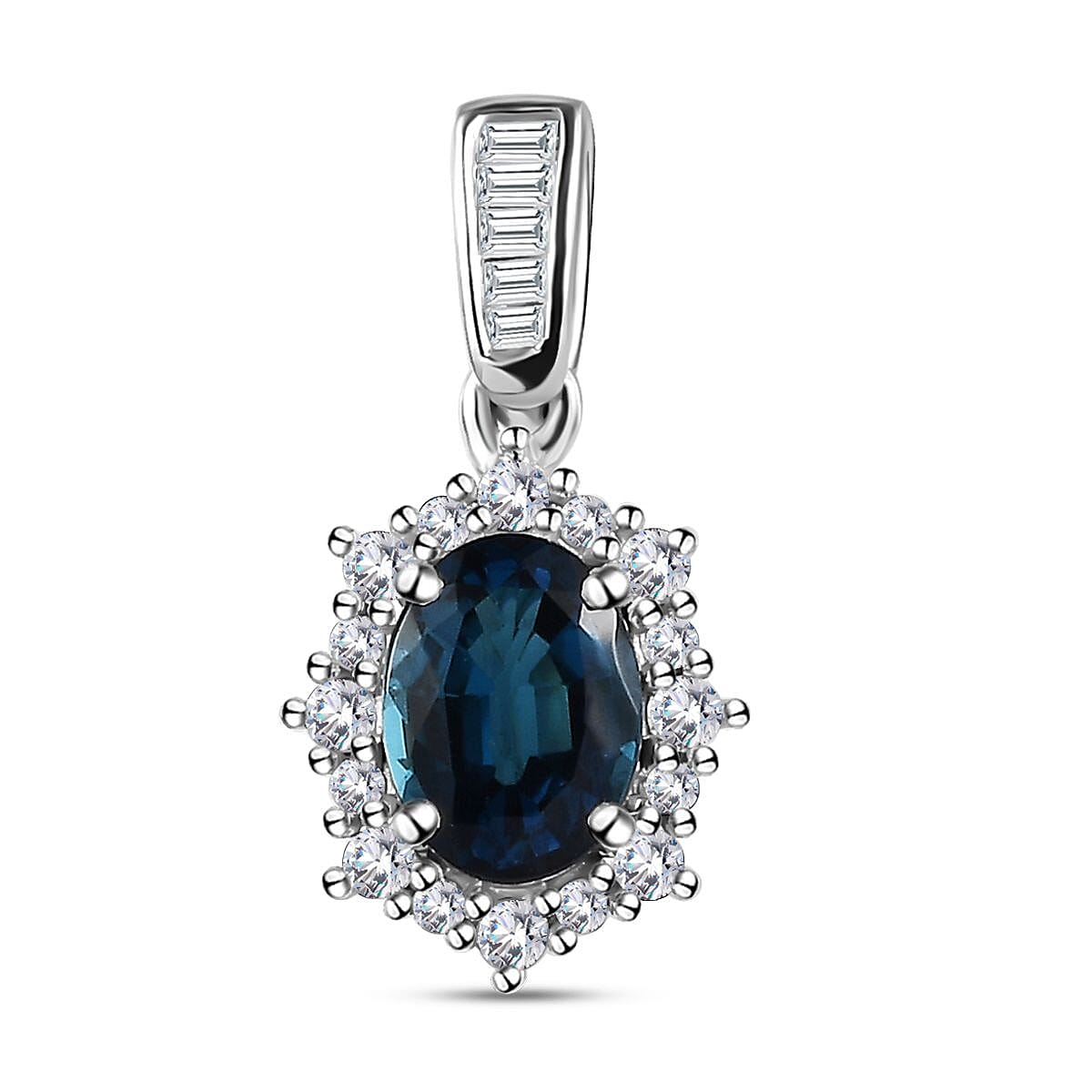 Luxoro 14K White Gold AAA Monte Belo Indicolite and G-H I3 Diamond Sunburst Pendant without Chain 1.10 ctw