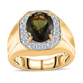 Premium Bohemian Moldavite and White Zircon Men's Ring in Vermeil Yellow Gold Over Sterling Silver (Size 10.0) 4.00 ctw - Sticky add to cart bar
