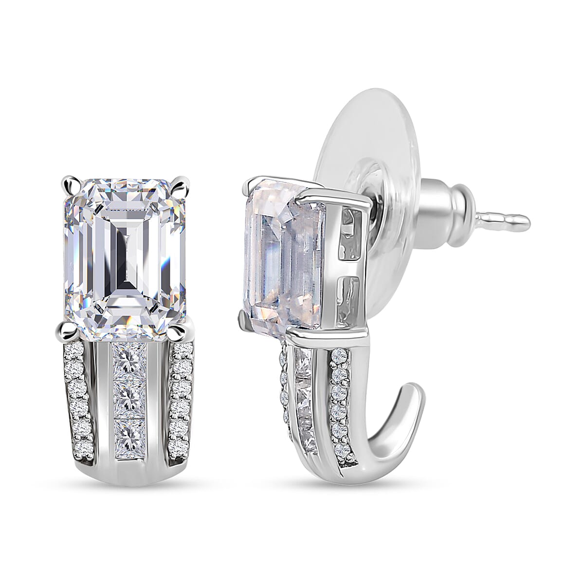 Moissanite (Oct 8x6mm) J-Hoop Earrings in Platinum Over Sterling Silver 3.80 ctw