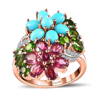 Premium Orissa Rhodolite Garnet and Multi Gemstone Floral Ring in Vermeil Rose Gold Sterling Silver (Size 10.0) 3.60 ctw