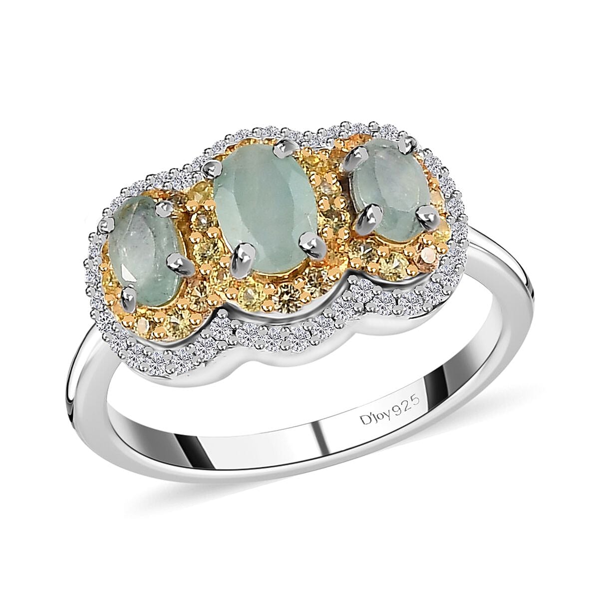 Grandidierite, Yellow Sapphire and White Zircon Triple Halo Ring in Platinum Over Sterling Silver (Size 10.0) 1.70 ctw