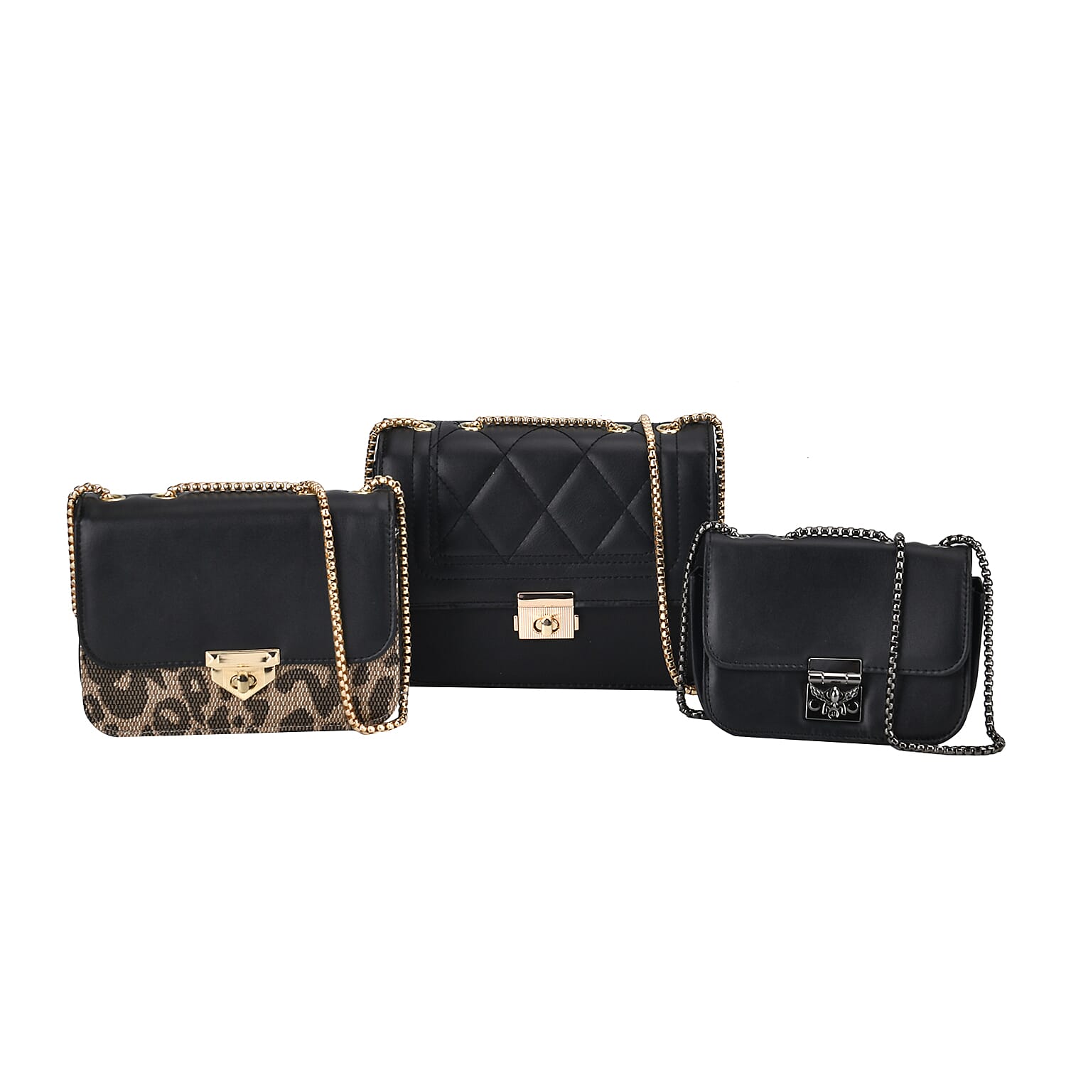 Set of 3 Black Faux Leather Clutch Bag (Size- S,M,L) with 48.8" Chain Strap (S-6.3"x4.3"x1.8") (M-7.5"x5.5"x2.4") (L-8.3"x6.3"x3.1")