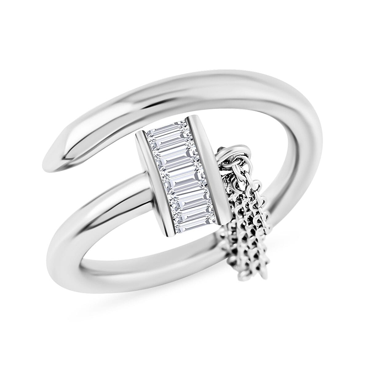 Simulated Diamond Nail Ring in Rhodium Over Sterling Silver (Size 6.0) 1.00 ctw