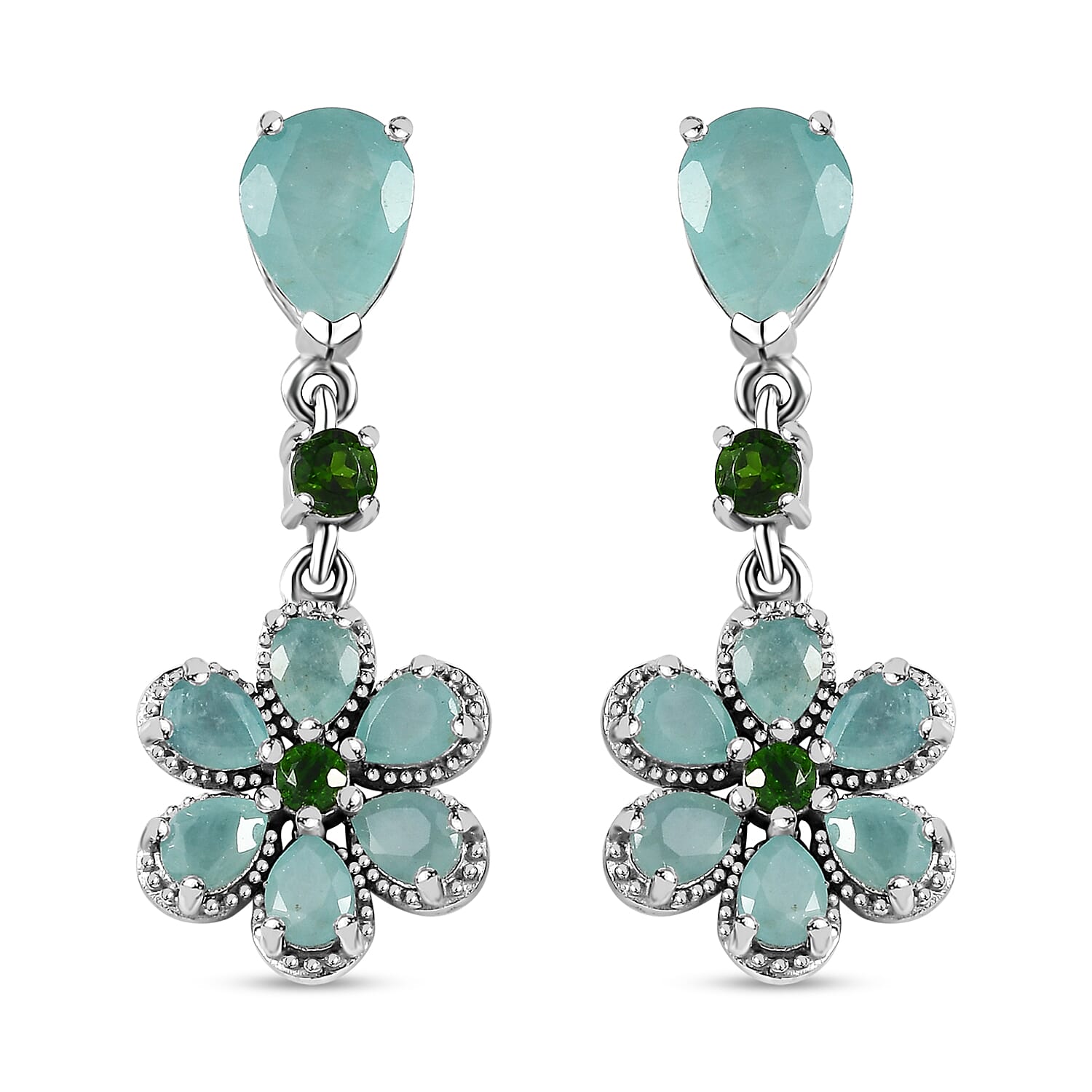 Grandidierite and Chrome Diopside Floral Dangle Earrings in Platinum Over Sterling Silver 4.50 ctw