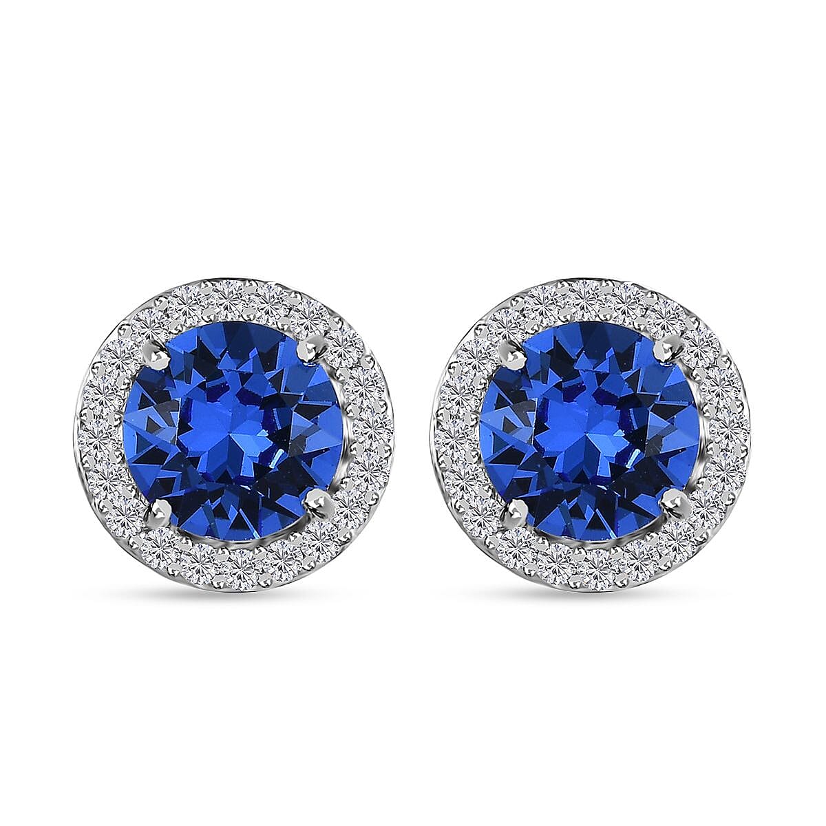 Sapphire Color Crystal, Simulated Diamond Halo Stud Earrings in Platinum Over Sterling Silver