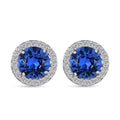 Sapphire Color Crystal, Simulated Diamond Halo Stud Earrings in Platinum Over Sterling Silver - Sticky add to cart bar