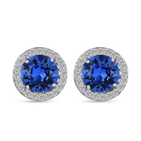 Sapphire Color Crystal, Simulated Diamond Halo Stud Earrings in Platinum Over Sterling Silver