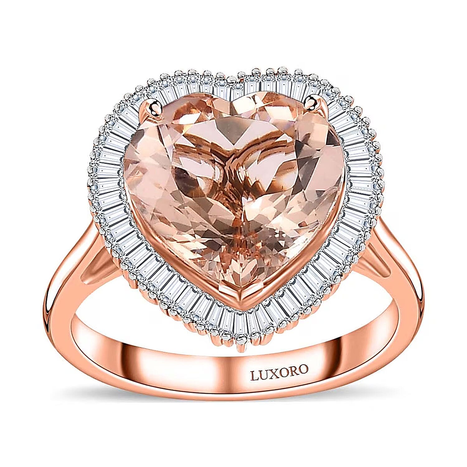 Luxoro 14K Rose Gold AAA Marropino Morganite and G-H I2 Diamond Heart Ring (Size 10.0) 4.50 Grams 5.10 ctw