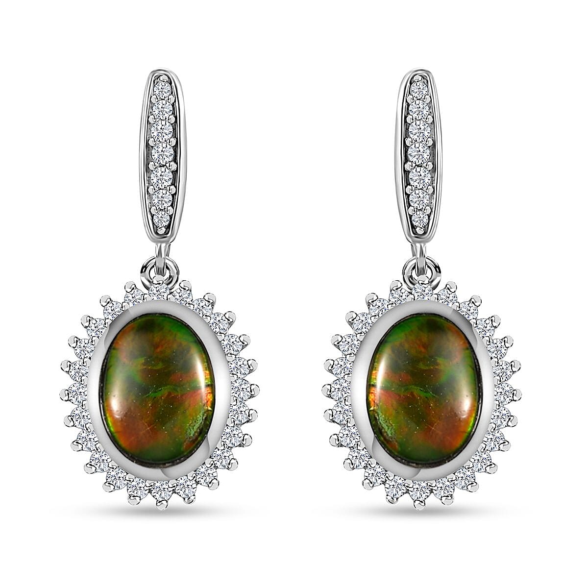 Canadian Ammolite and White Zircon Halo Dangle Earrings in Platinum Over Sterling Silver 0.60 ctw