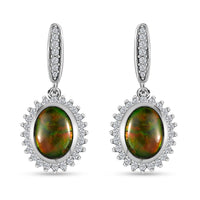 Canadian Ammolite and White Zircon Halo Dangle Earrings in Platinum Over Sterling Silver 0.60 ctw