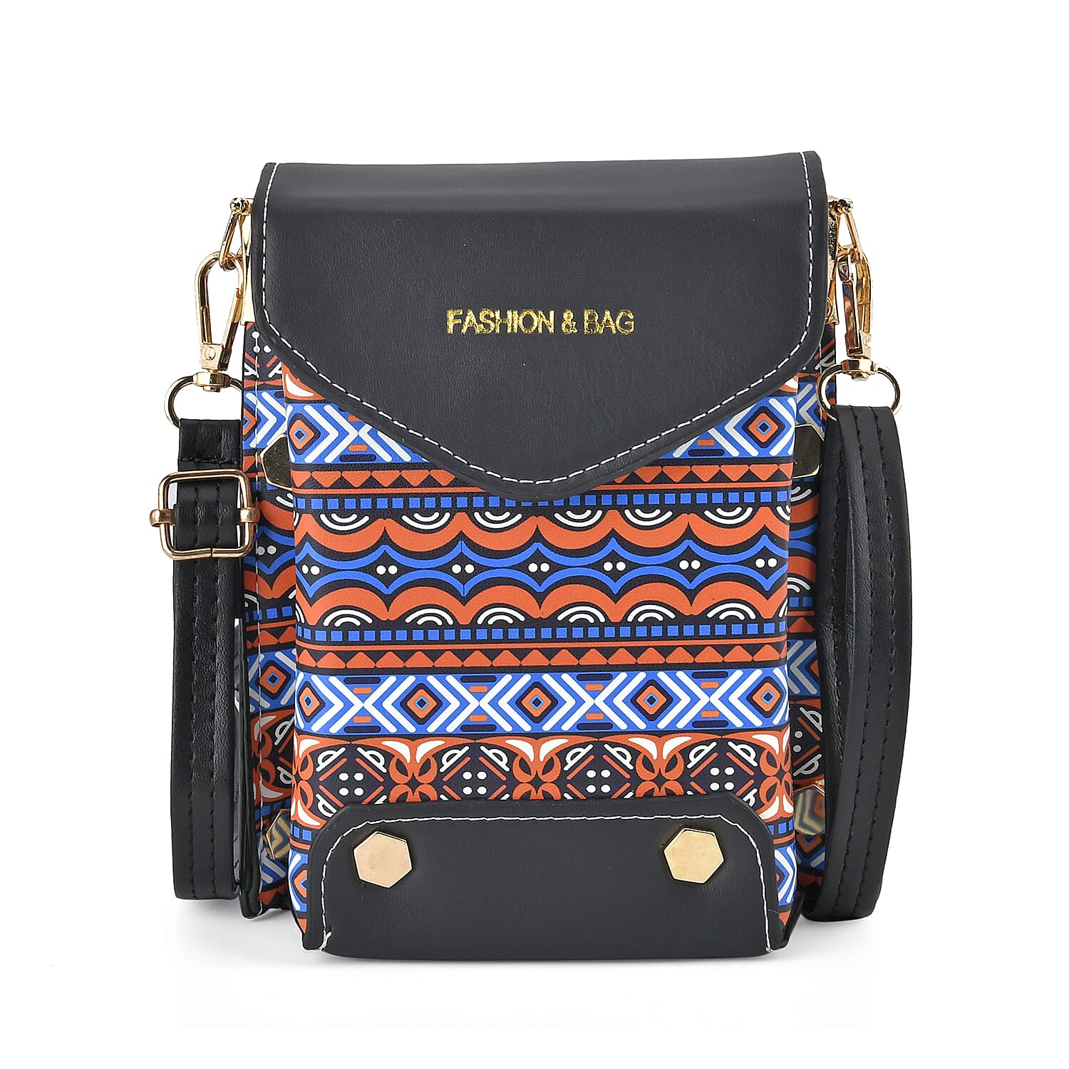 Orange with Blue Color Minority Pattern Faux Leather Crossbody Bag (4.7"x3.9"x6.7") with Shoulder Strap