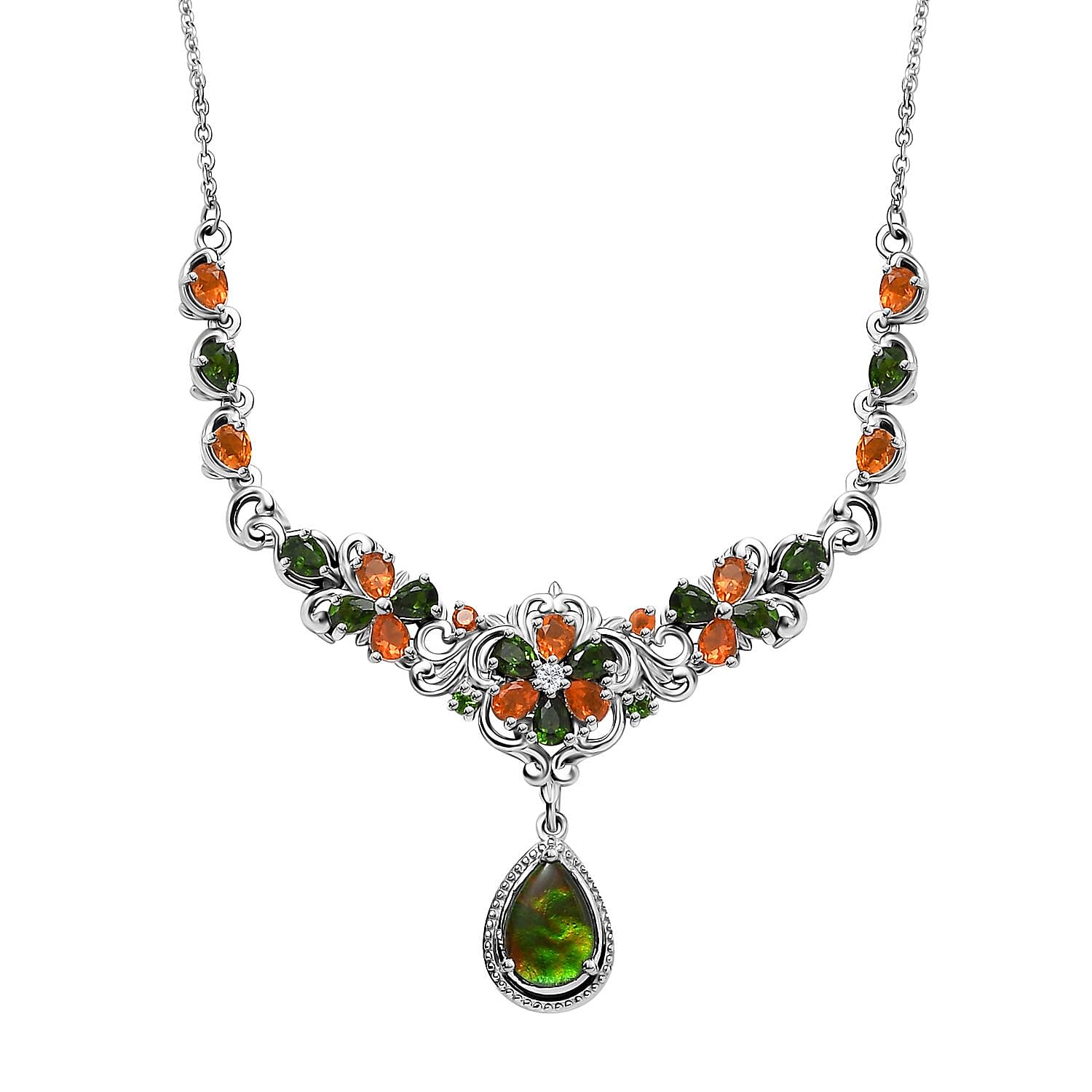 Canadian Ammolite and Multi Gemstone Necklace 18-20 Inches in Platinum Over Sterling Silver 3.60 ctw